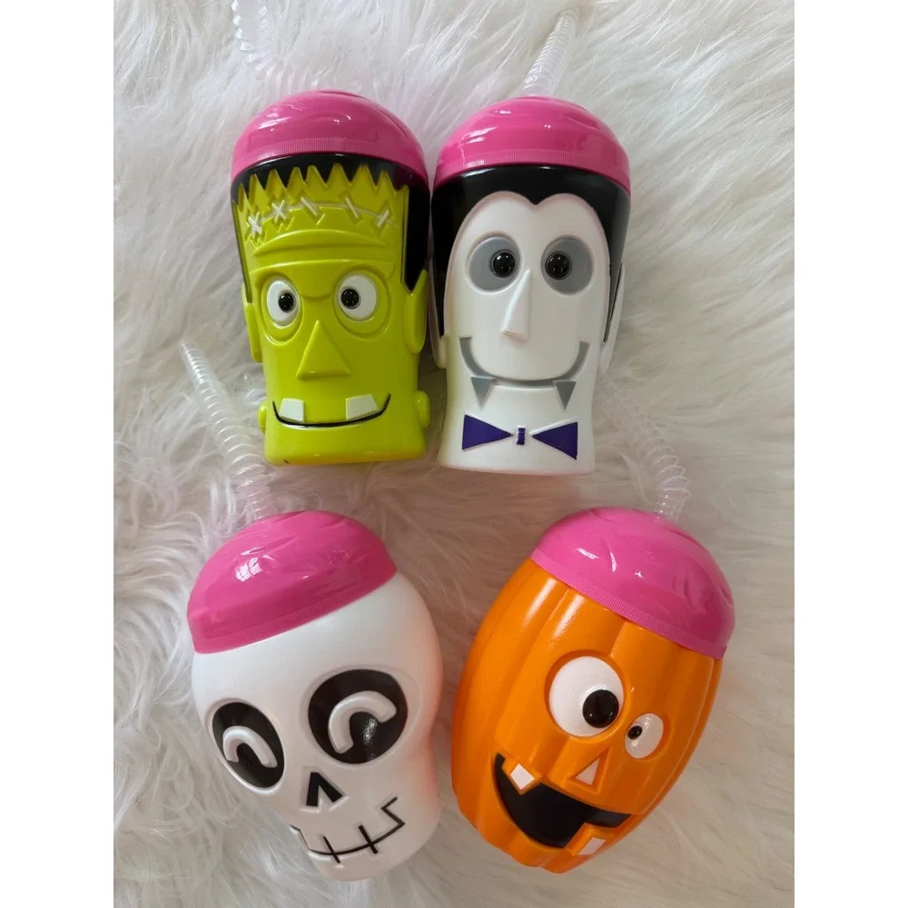 Halloween Monster Cups Set of 4 Frankenstein Dracula Skull Pumpkin with Straws